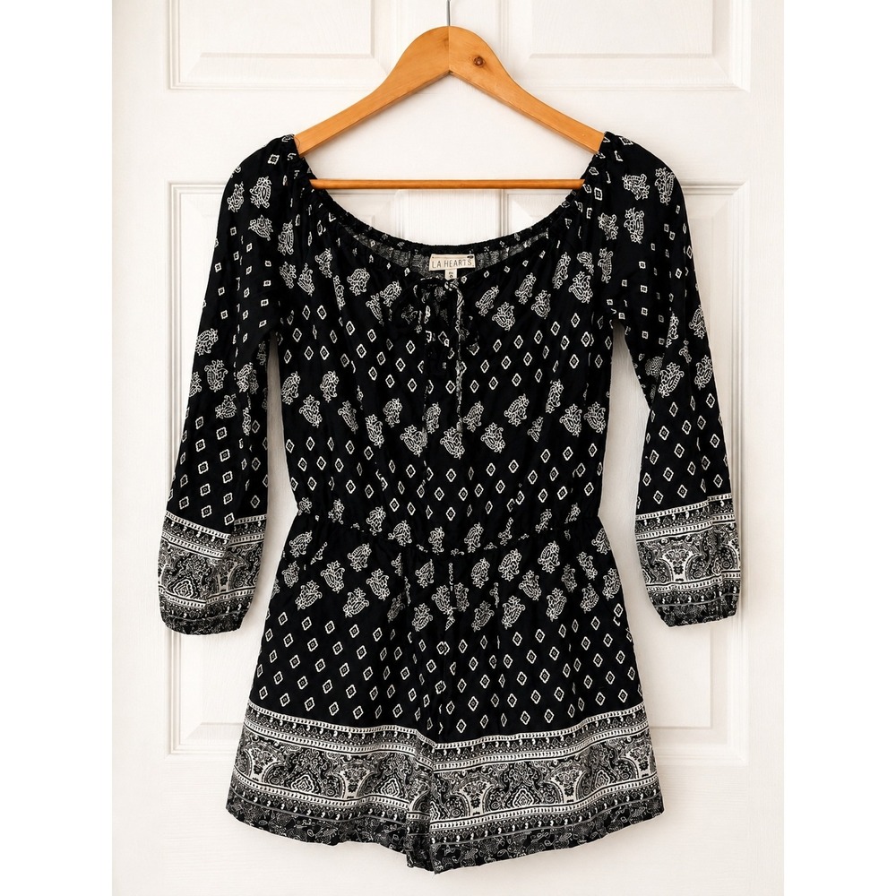 LA Hearts Romper Small Black White Paisley‎ Boho Long Sleeve Festival Playsuit
